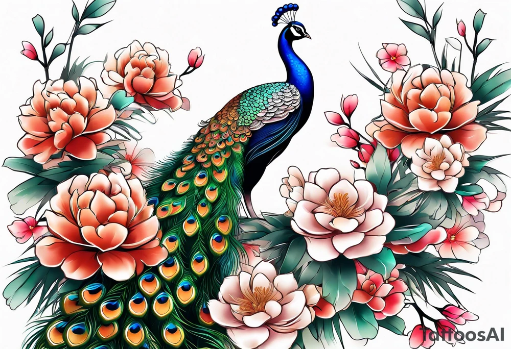 peacock with bamboo and flowers tattoo idea
