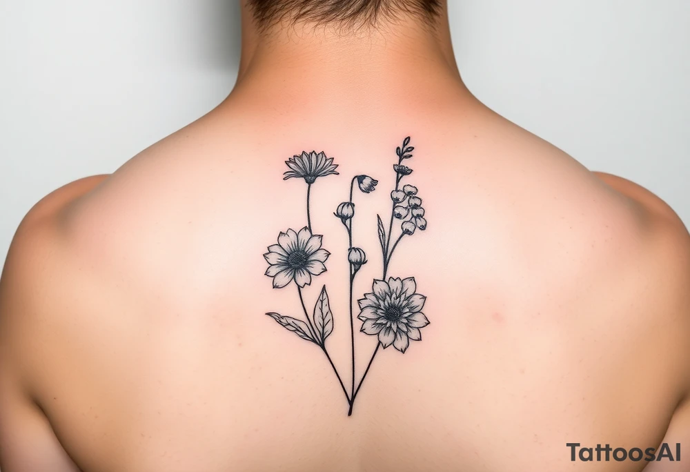 wrist tattoo with cosmos, lily of the valley, and chrysanthemum tattoo idea