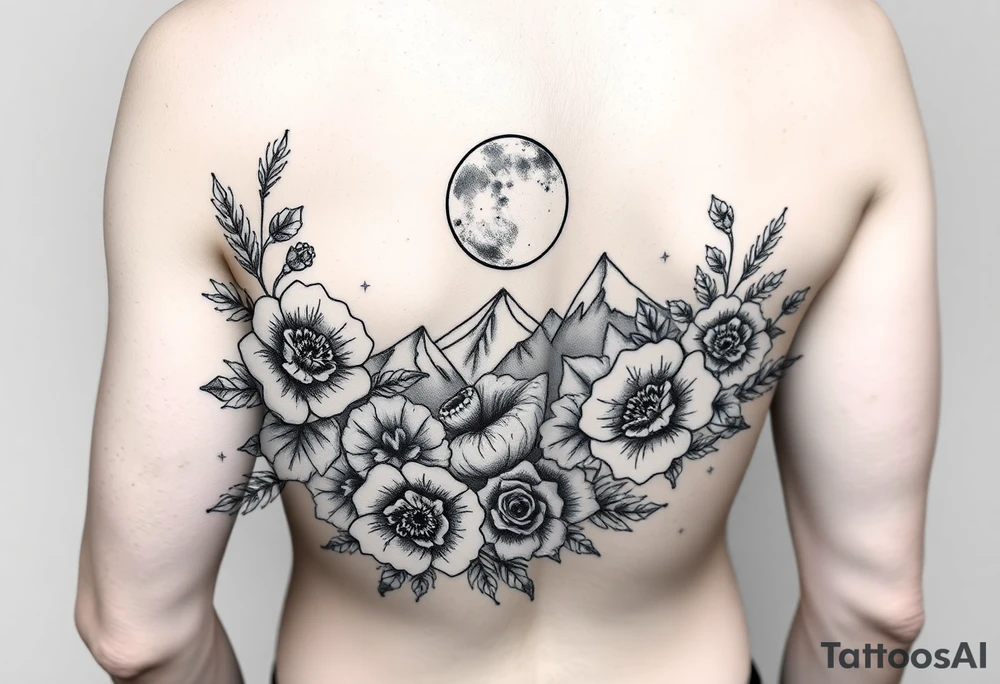 Arm and wristwrap around tattoo, with roses and wild flowers
moon and stars mountains
Feminine tattoo idea