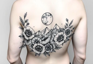 Arm and wristwrap around tattoo, with roses and wild flowers 
moon and stars mountains
Feminine tattoo idea