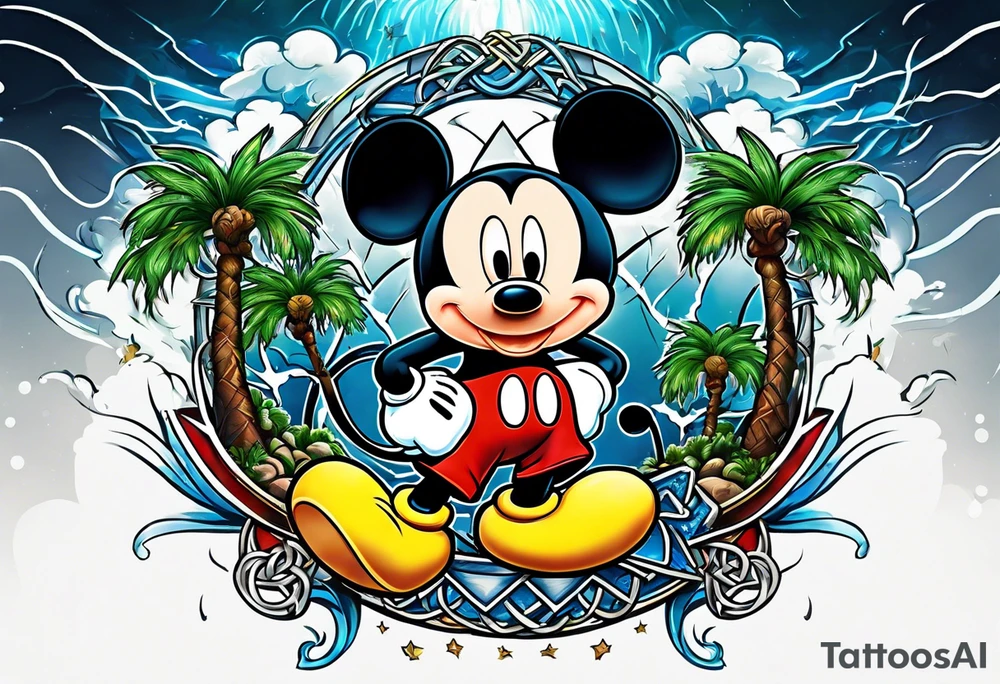 mickey mouse in a lightning storm with palm trees and the celtic symbol for family tattoo idea