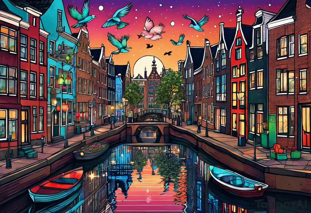 Tattoo of animals in Amsterdam featuring Amsterdam buildings and canal in galaxy colours featuring glass featuring woodland critters and birds and featuring pineapples tattoo idea