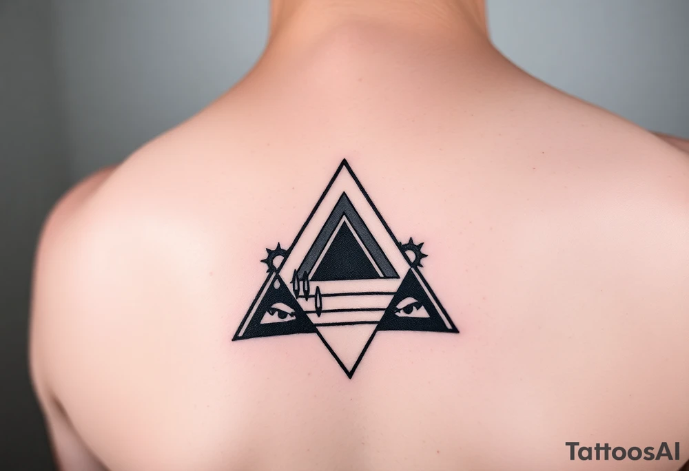 Geometric small triangle with different lives merge together while being psychedelic with fine thin lines tattoo idea