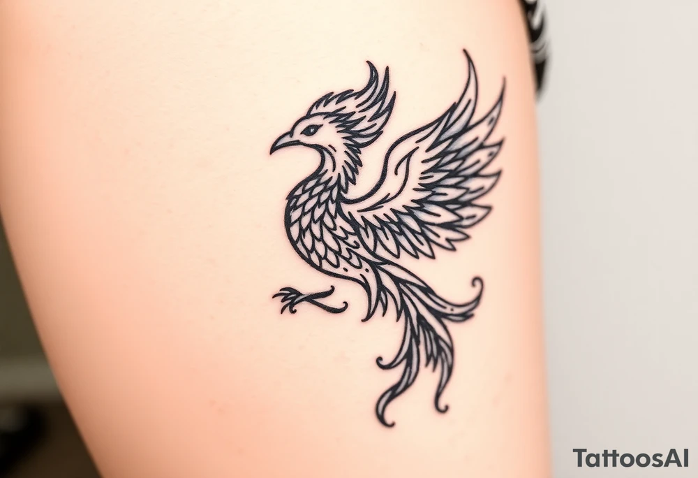 majestic fiery phoenix surrounded by fire, with a crown of fire flapping wings with a flaming tail tattoo idea