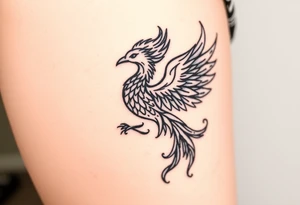 majestic fiery phoenix surrounded by fire, with a crown of fire flapping wings with a flaming tail tattoo idea