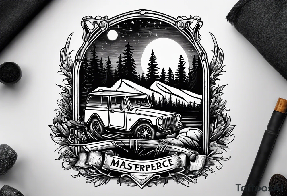cross, campfire, golf , whiskey glass, cabin tattoo idea