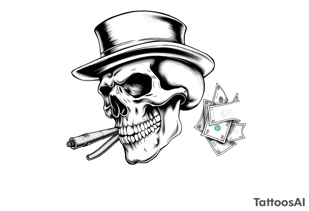 skull with mustache,a big cigar in his mouth,a top-hat on his head and alot of money in a hand. tattoo idea