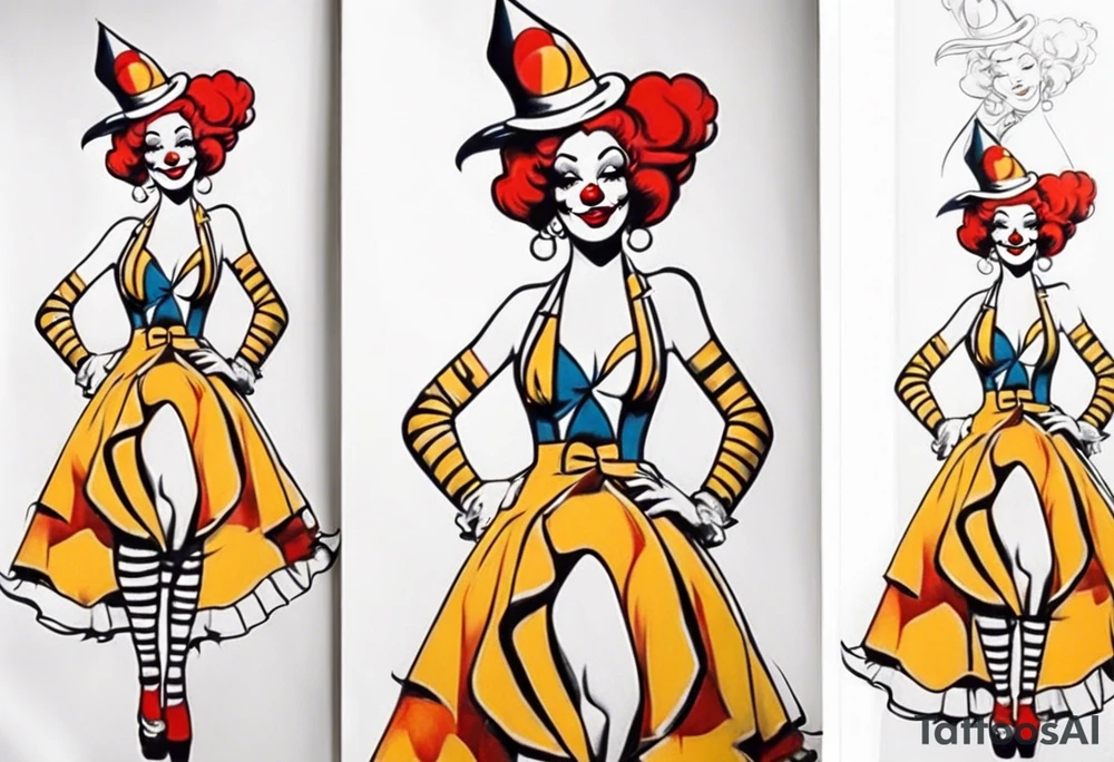 pin up style clown woman full body tattoo idea