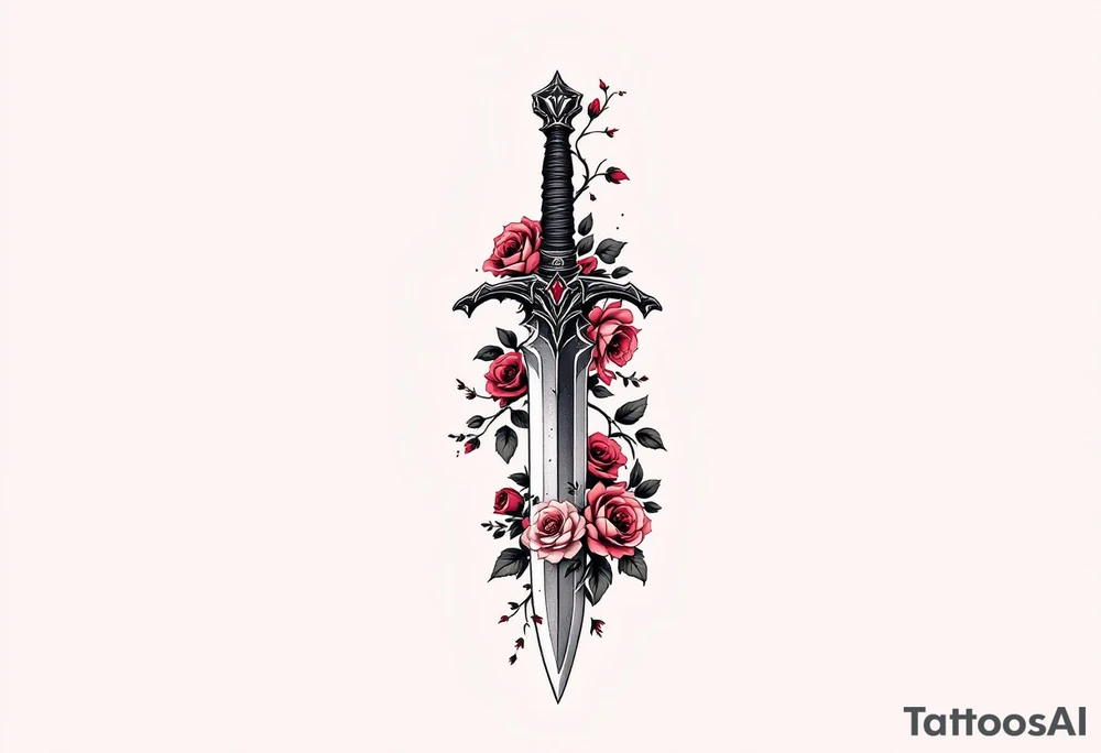 Floral Dagger – A dagger with roses and vines wrapping around it, the flowers in rich red and soft pink, while the dagger itself is steel gray with silver highlights on the blade. tattoo idea
