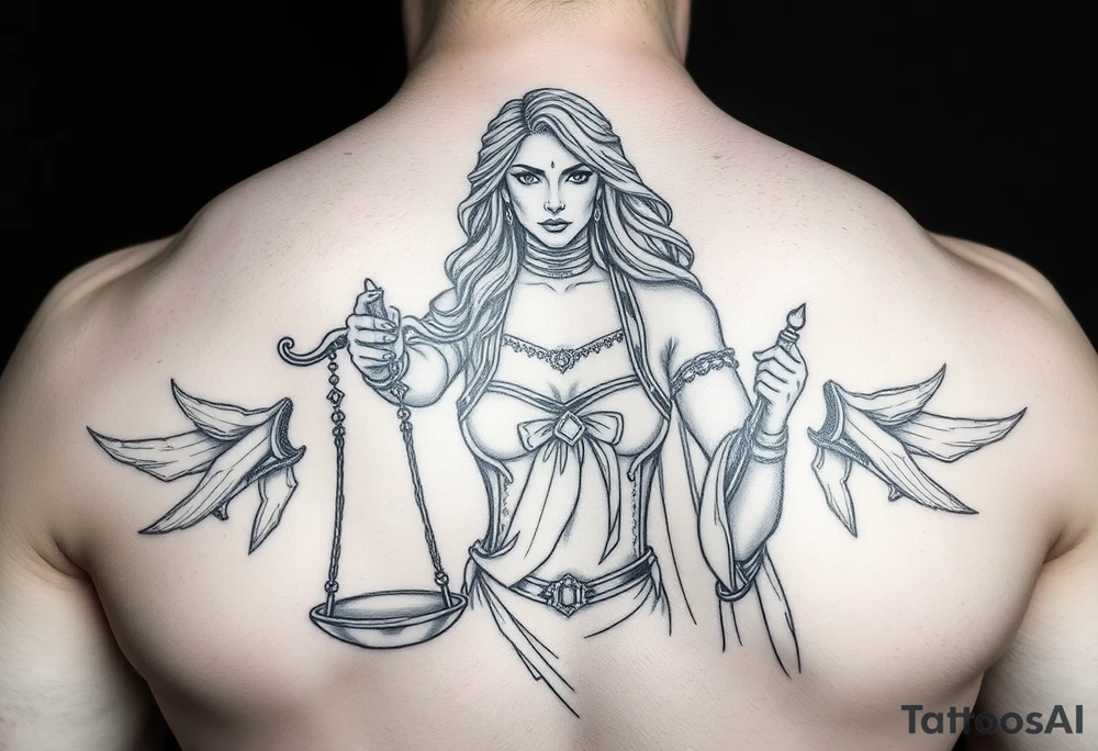 la figura de la dama de la justicia le suben por su cuerpo dos escorpiones tattoo idea