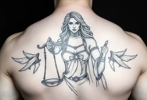 la figura de la dama de la justicia le suben por su cuerpo dos escorpiones tattoo idea