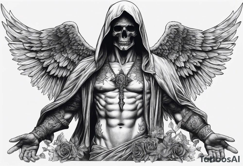 realistic full body of angel of death, without face, man tattoo idea