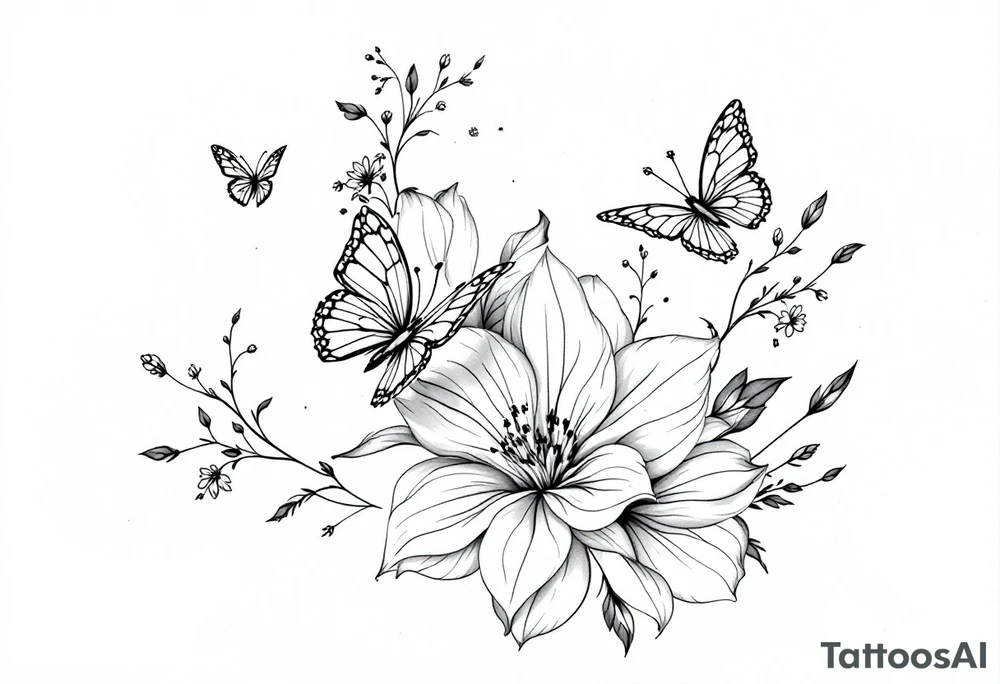 A delicate and highly detailed tattoo design featuring elegant flowers and two butterflies, symbolizing family, love, and the bond between a mother and her children. The flowers, such as lilies or peonies, represent protection, beauty, and unconditional love. Two butterflies gracefully flying around the flowers symbolize the children, Zackary and Charlie, representing their growth and freedom. Their names should be subtly integrated into the design, either along the stems of the flowers, within the butterfly wings, or in an elegant script flowing naturally with the composition. tattoo idea