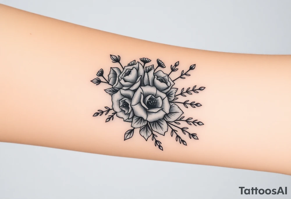 vintage bouquet of wild roses and meadow flowers with morning dew tattoo idea