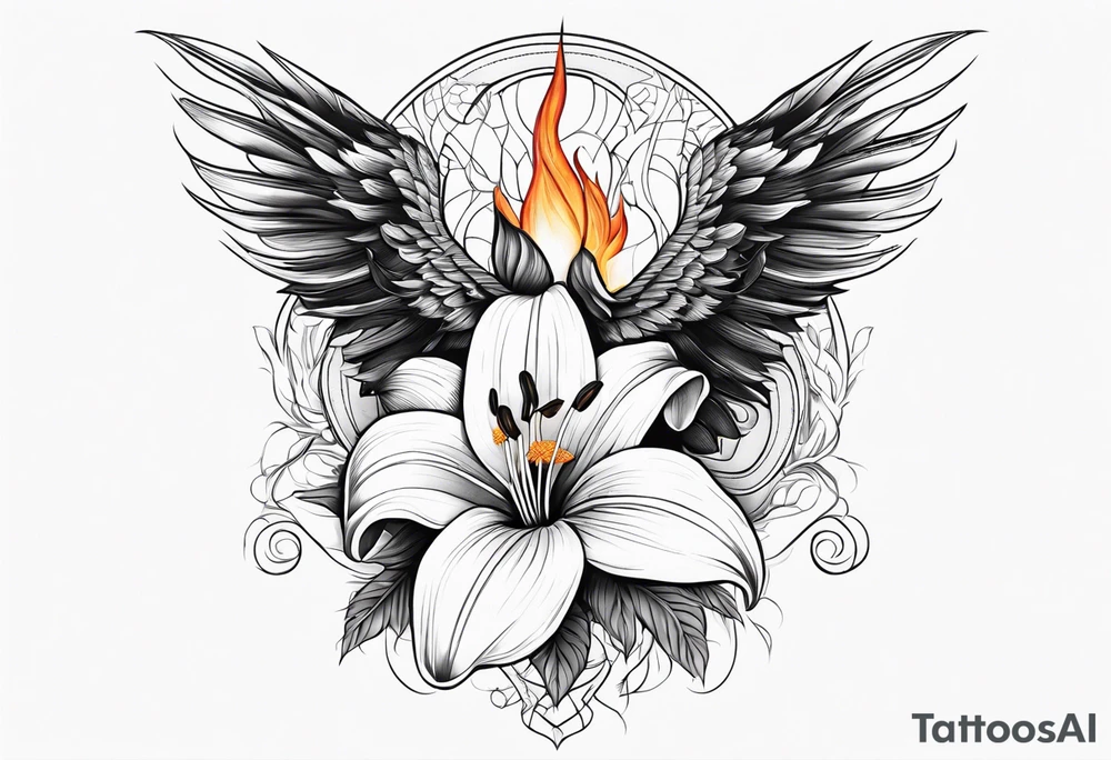 a fenix tattoo with flames and that blooms with madonna lily's for the back tattoo idea