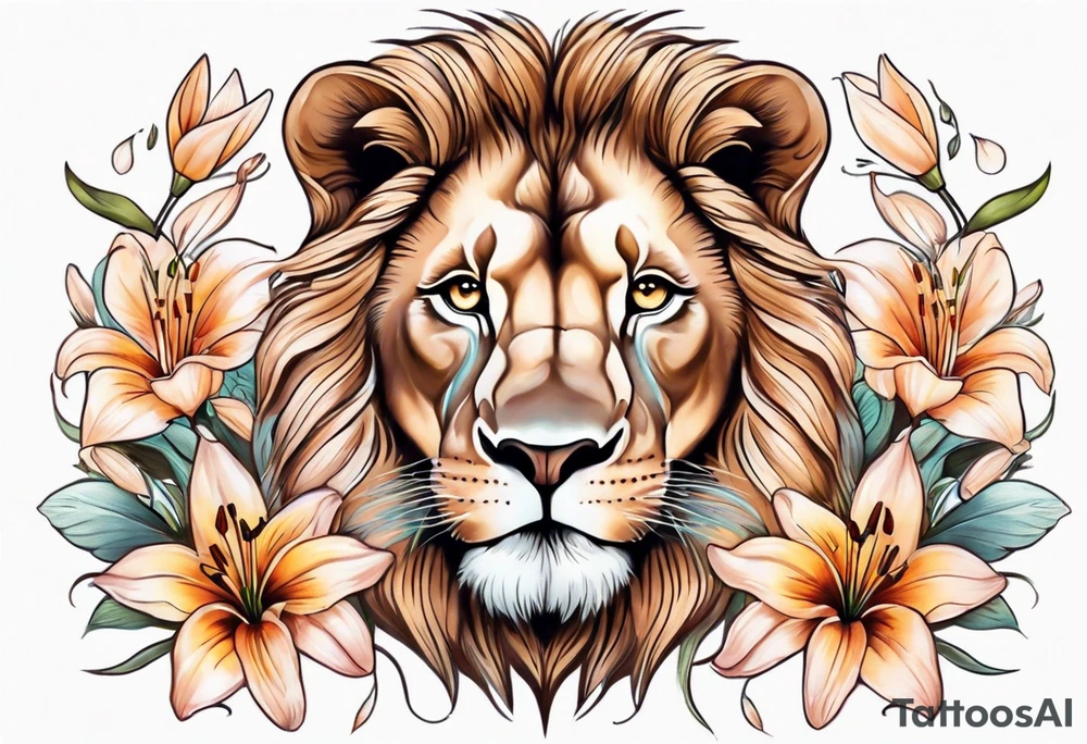 light brown pastel lion face with lily flowers in pastel colors covering it, cool tones for half arm sleeve tattoo idea