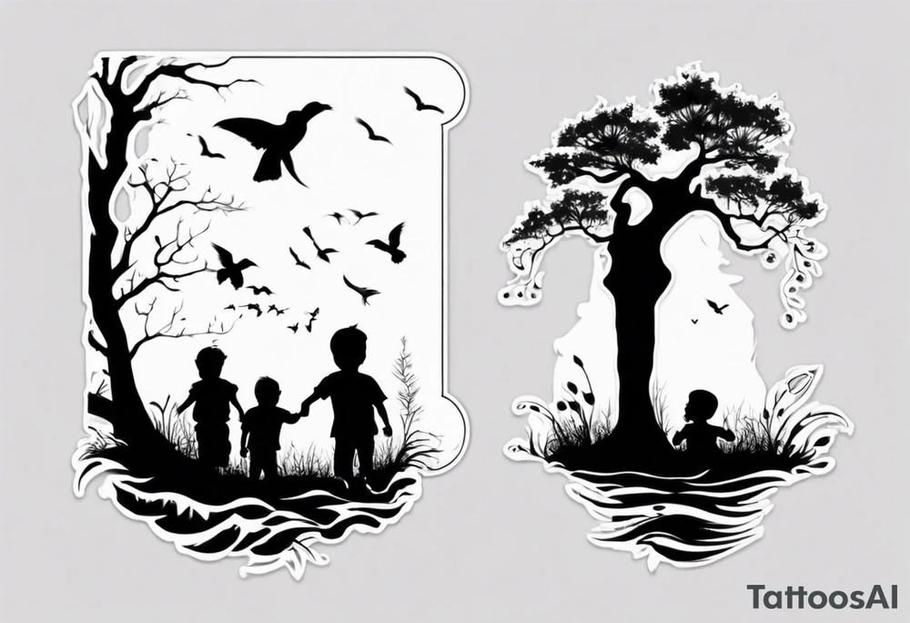 Dad and two kids silhouette tattoo idea