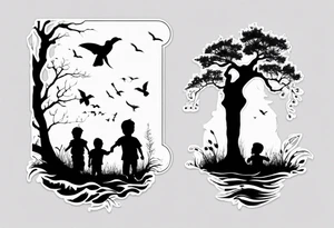 Dad and two kids silhouette tattoo idea
