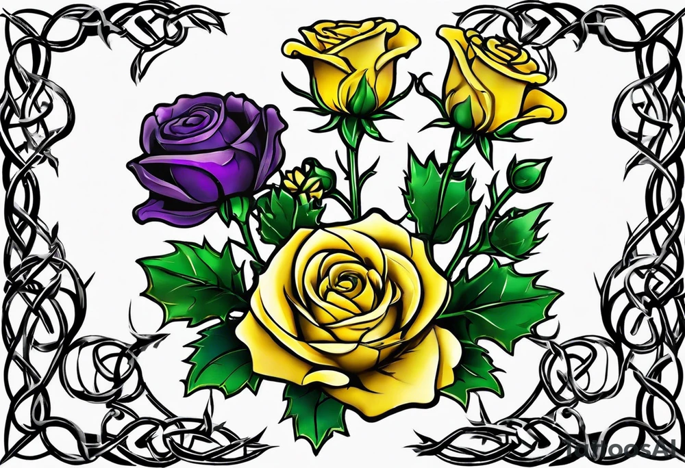 Purple thistle, yellow rose and shamrock with stems intertwined spelling KND in celtic lettering tattoo idea