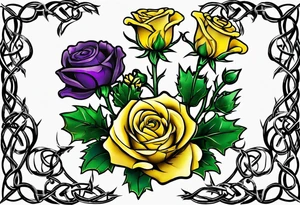 Purple thistle, yellow rose and shamrock with stems intertwined spelling KND in celtic lettering tattoo idea