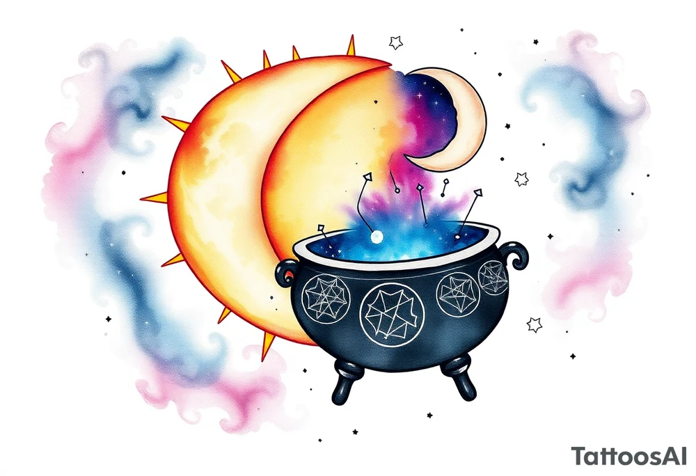 celestial sun and moon with constellation patterns runes in galaxy coming out of witch cauldron tattoo idea