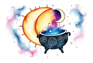 celestial sun and moon with constellation patterns runes in galaxy coming out of witch cauldron tattoo idea