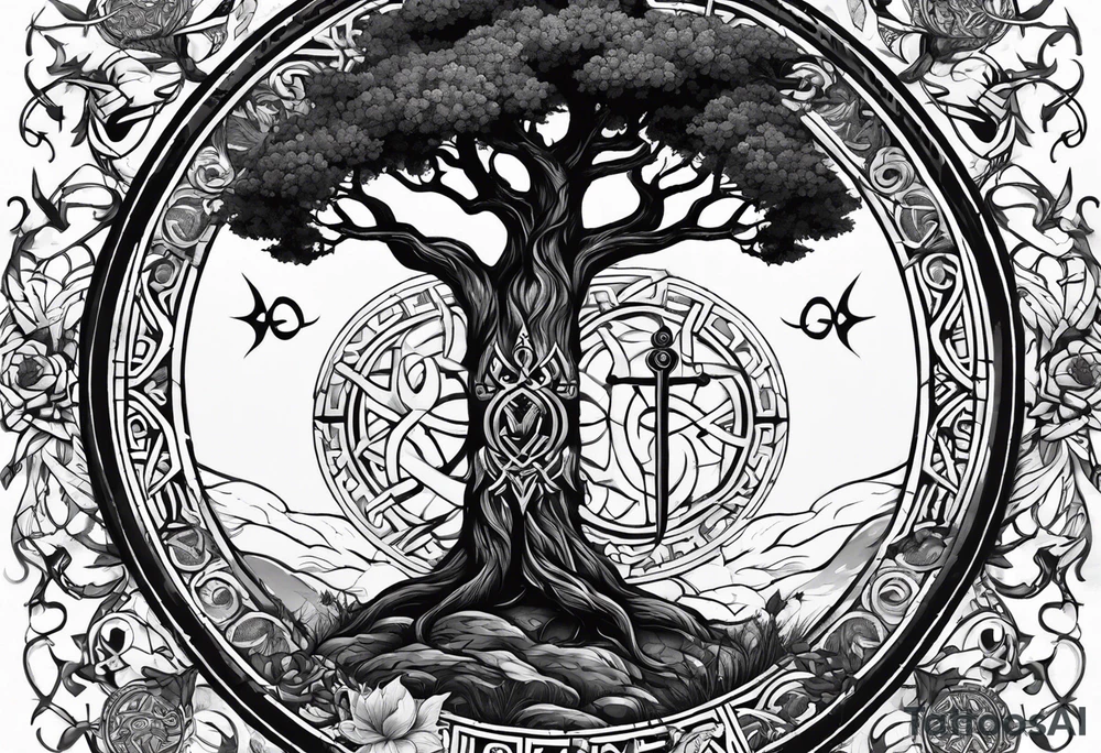 Yggdrasil and a long sword underneath surrounded by Nordic runes tattoo idea