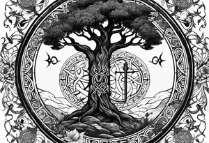 Yggdrasil and a long sword underneath surrounded by Nordic runes tattoo idea