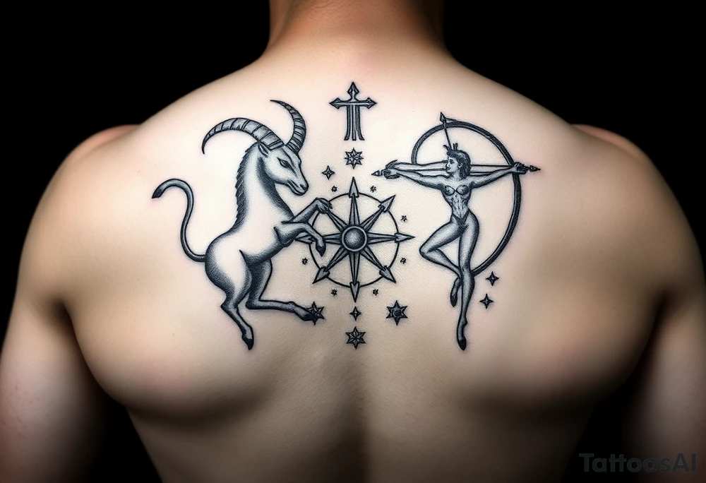 combine the symbols for capricorn and sagittarius with some celestial items interspersed small and combine them together and use the zodiac symbol. this should be one small tattoo with both symbols tattoo idea