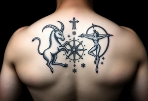 combine the symbols for capricorn and sagittarius with some celestial items interspersed small and combine them together and use the zodiac symbol. this should be one small tattoo with both symbols tattoo idea