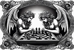 Depict an angel and demon playing chess on a board that morphs from celestial clouds to fiery inferno, representing the merging of the spiritual realms in the eternal game. tattoo idea