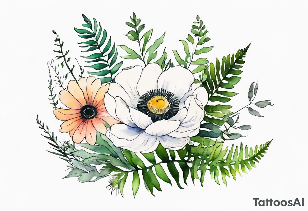wild flower bouquet with ferns and white anemone all watercolor tattoo idea