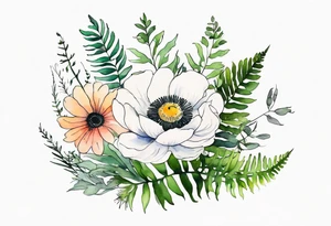 wild flower bouquet with ferns and white anemone all watercolor tattoo idea