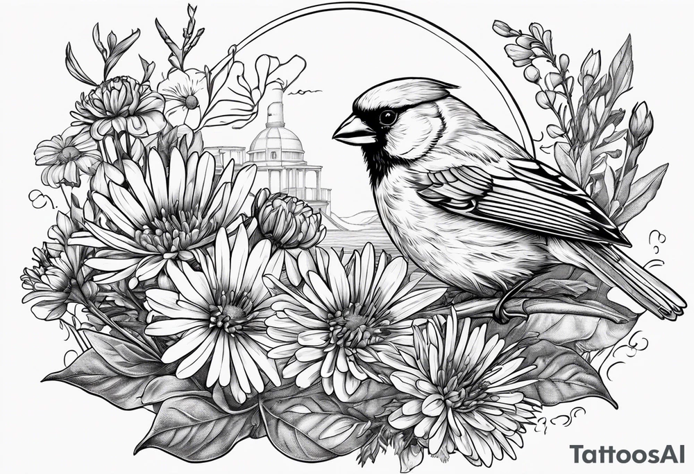 Bouquet of Aster flowers and sea rocket flowers with a cardinal around the words Dad tattoo idea