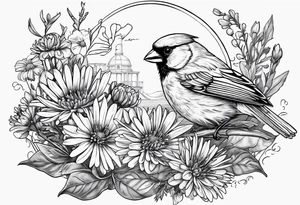Bouquet of Aster flowers and sea rocket flowers with a cardinal around the words Dad tattoo idea