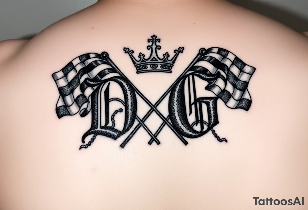 Initials D and G with a crown and racing flags tattoo idea