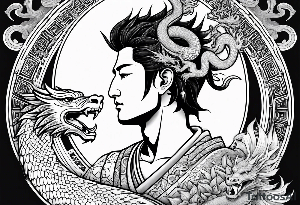 SUN GOD APOLLO IN JAPAN SETTING WITH DRAGON tattoo idea