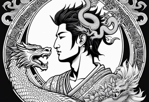 SUN GOD APOLLO IN JAPAN SETTING WITH DRAGON tattoo idea