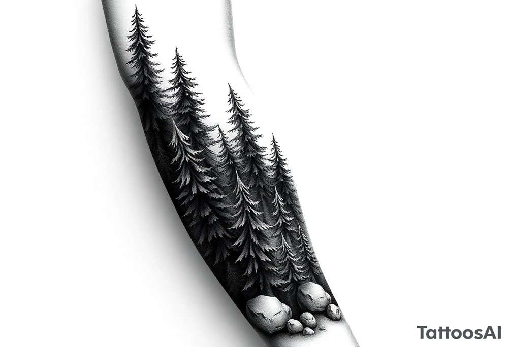 Coniferous forest forearm tattoo sleeve black and grey tattoo idea