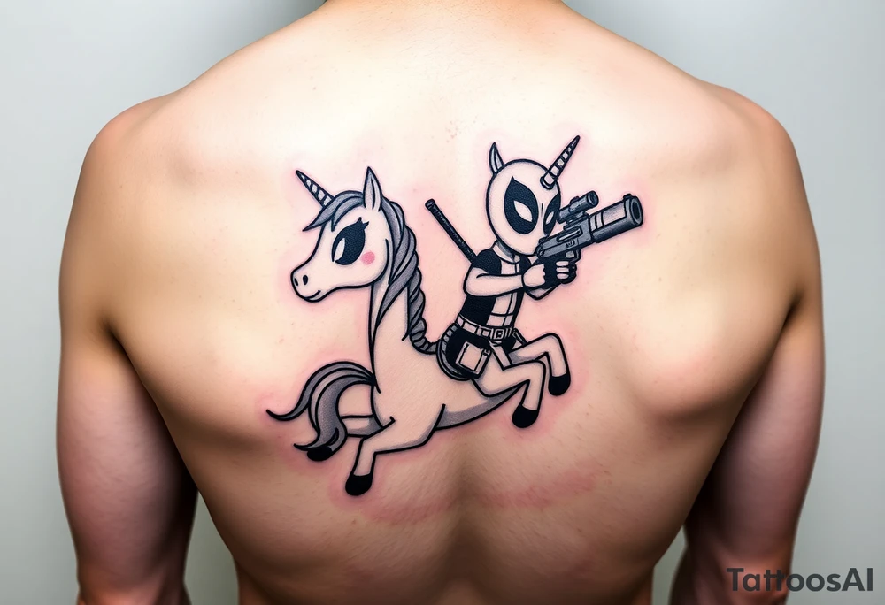 Deadpool riding cartoon unicorn holding big gun tattoo idea