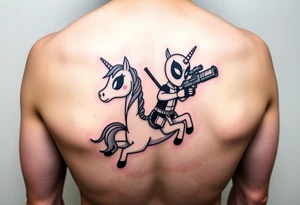 Deadpool riding cartoon unicorn holding big gun tattoo idea