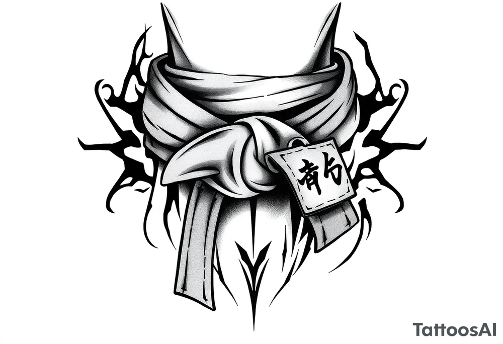 A realistic black and gray tattoo of a Brazilian Jiu-Jitsu black belt wrapping around the wrist like a bracelet. The belt is tied in a knot with one end showing the number 30 and the other showing 24. On the flat end of the belt, two Japanese kanji characters are inked in white: 成長 (growth) and 忍耐 (perseverance). The belt has subtle stitch marks and worn, textured shading for a slightly distressed, authentic look. tattoo idea