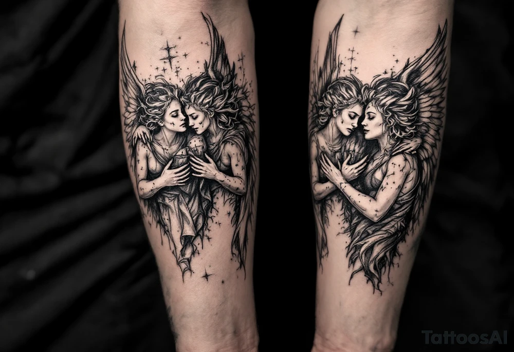 Arm sleeve with angels as a memorial tattoo idea