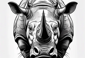 A front-facing rhino head with a sharp elongated tusk that appears angry and fierce. Ears pointed straight up and forward a bit. Eyes that pierce your soul. tattoo idea