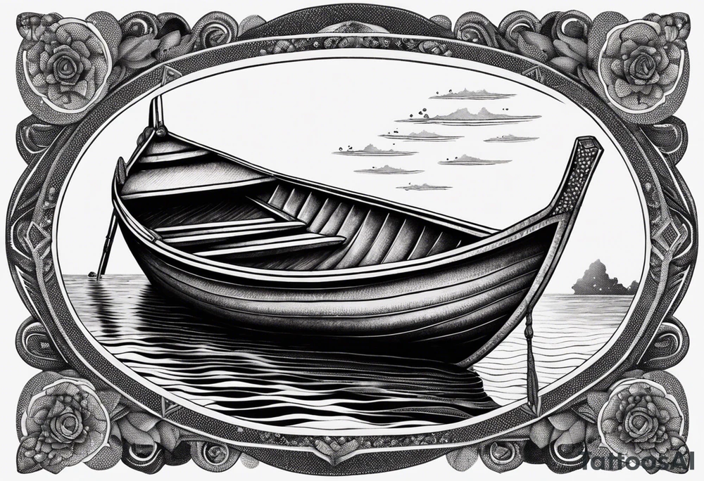 Oval frame inside thai long tail boat water under swiming turtle tattoo idea