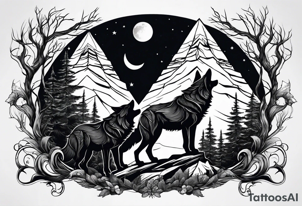 Mountain peaks
Two wolves
Moon
Dark woods
Trail tattoo idea
