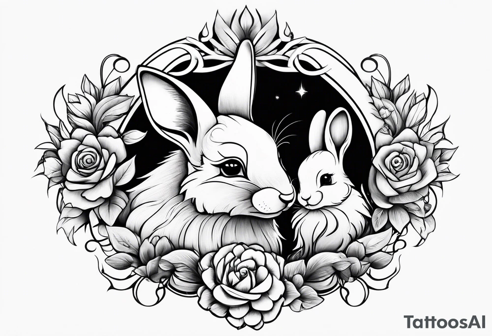Mum and baby bunny protected by wolf tattoo idea