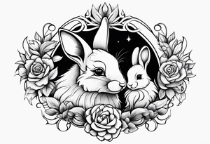 Mum and baby bunny protected by wolf tattoo idea