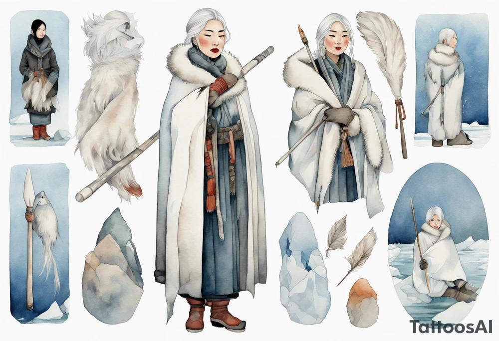 an Inuit woman with white hair, wearing mittens, wearing a white cloak, holding a white staff, wearing mukluks, standing on an iceberg tattoo idea