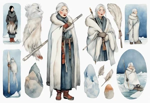 an Inuit woman with white hair, wearing mittens, wearing a white cloak, holding a white staff, wearing mukluks, standing on an iceberg tattoo idea